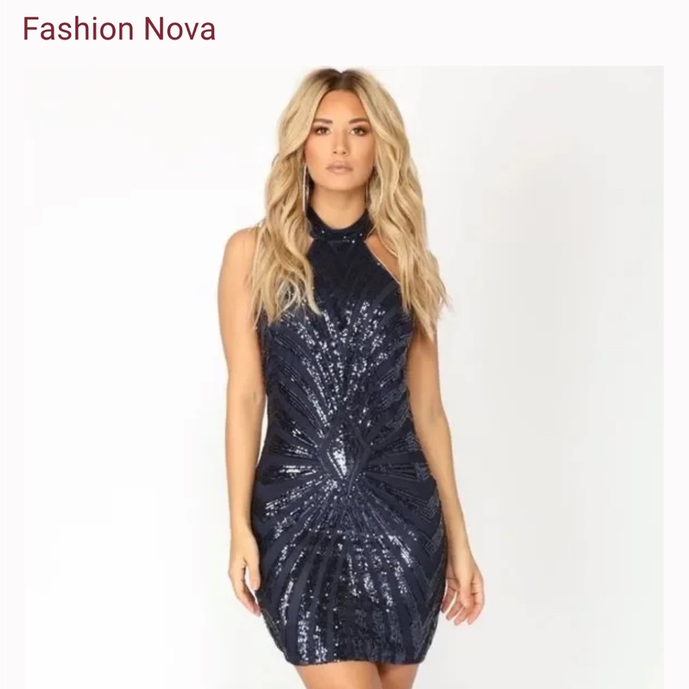 FASHION NOVA NAVY BLUE HALTER SPARKLE DRESS (new)